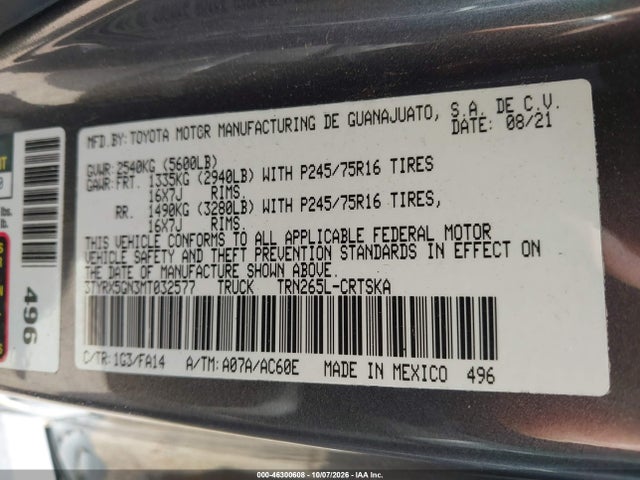 46300608 :رقم المزاد ، 3TYRX5GN3MT032577 vin ، 2021 Toyota Tacoma Sr مزاد بيع