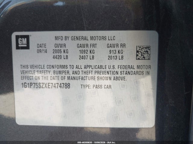 Aukcja sprzedaży 2014 Chevrolet Cruze Diesel, vin: 1G1P75SZXE7474788, numer aukcji: 46300630