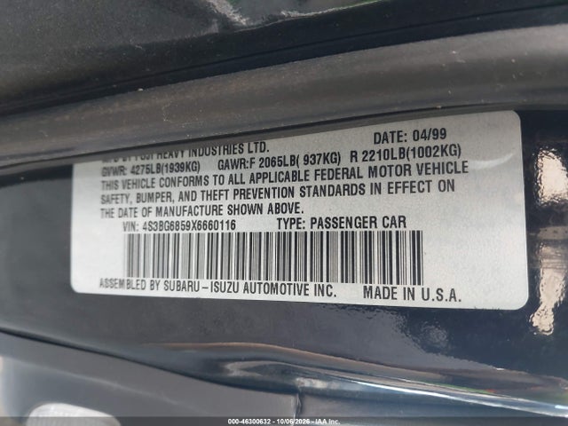 1999 Subaru Legacy 30th Ann. Outback Ltd./outback მანქანა იყიდება აუქციონზე, vin: 4S3BG6859X6660116, აუქციონის ნომერი: 46300632