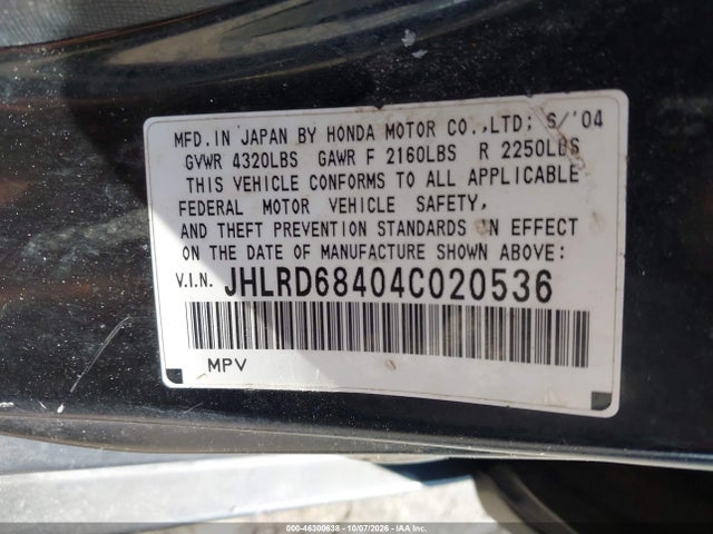 46300638 :رقم المزاد ، JHLRD68404C020536 vin ، 2004 Honda Cr-v Lx مزاد بيع