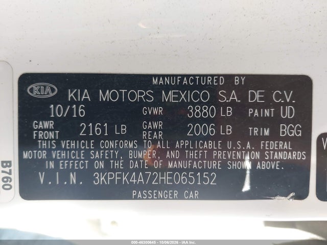 Продаж на аукціоні авто 2017 Kia Forte Lx, vin: 3KPFK4A72HE065152, номер лоту: 46300645