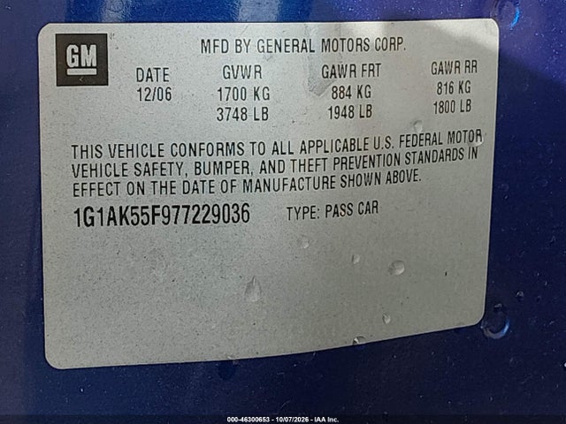 Продажа на аукционе авто 2007 Chevrolet Cobalt Ls, vin: 1G1AK55F977229036, номер лота: 46300653