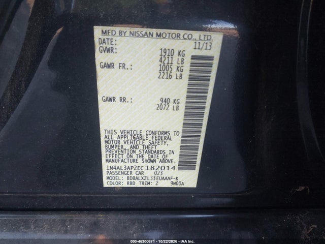 Aukcja sprzedaży 2014 Nissan Altima 2.5 Sl, vin: 1N4AL3AP2EC182014, numer aukcji: 46300671