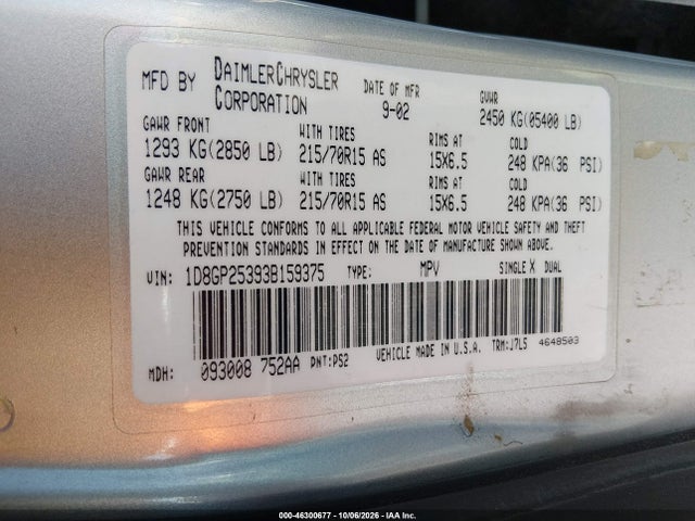 Продаж на аукціоні авто 2003 Dodge Caravan Se, vin: 1D8GP25393B159375, номер лоту: 46300677