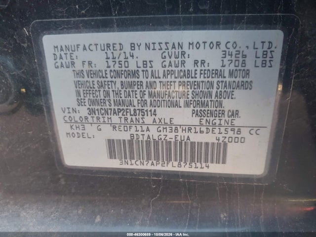 Aukcja sprzedaży 2015 Nissan Versa 1.6 Sl, vin: 3N1CN7AP2FL875114, numer aukcji: 46300689