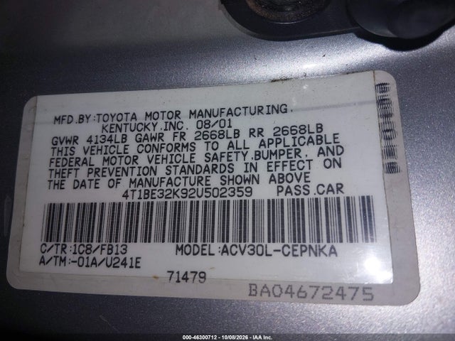 46300712 :رقم المزاد ، 4T1BE32K92U502359 vin ، 2002 Toyota Camry Le مزاد بيع