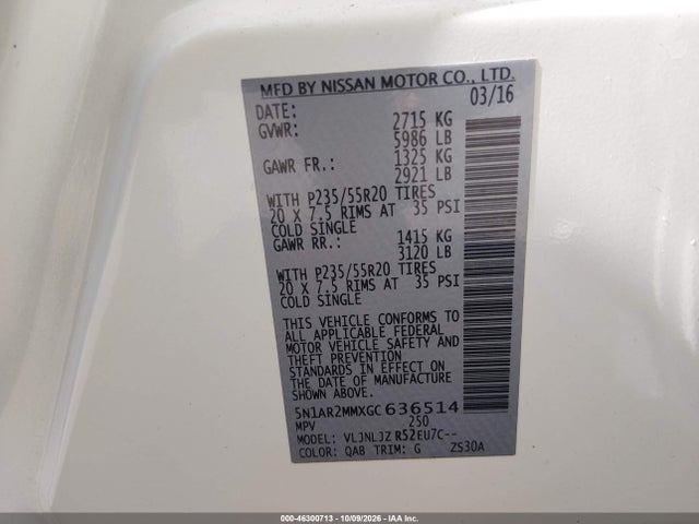 Aukcja sprzedaży 2016 Nissan Pathfinder Platinum, vin: 5N1AR2MMXGC636514, numer aukcji: 46300713