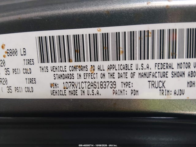 46300714 :رقم المزاد ، 1D7RV1CT2AS183739 vin ، 2010 Dodge Ram 1500 Slt/sport/trx مزاد بيع