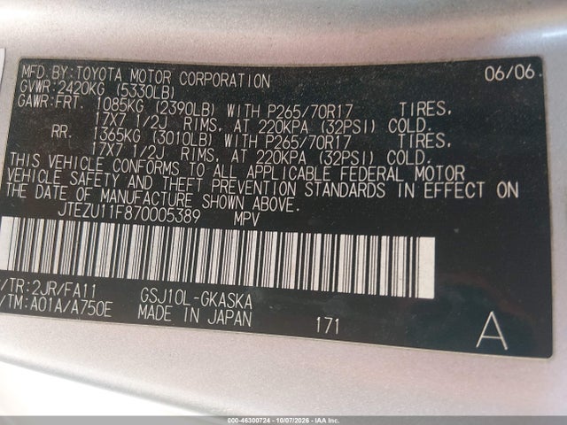 Продажа на аукционе авто 2007 Toyota Fj Cruiser, vin: JTEZU11F870005389, номер лота: 46300724