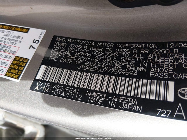 Aukcja sprzedaży 2007 Toyota Prius, vin: JTDKB20U777599594, numer aukcji: 46300738