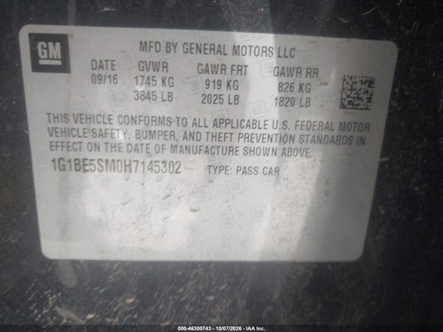 Aukcja sprzedaży 2017 Chevrolet Cruze Lt Auto, vin: 1G1BE5SM0H7145302, numer aukcji: 46300743