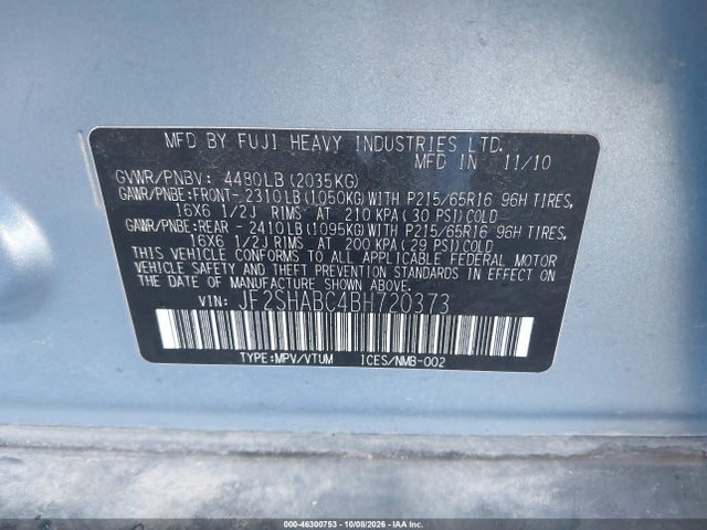2011 Subaru Forester 2.5x მანქანა იყიდება აუქციონზე, vin: JF2SHABC4BH720373, აუქციონის ნომერი: 46300753