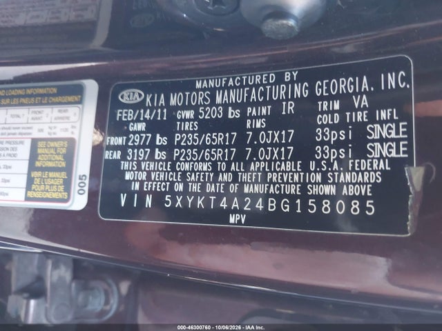 Продажа на аукционе авто 2011 Kia Sorento Lx V6, vin: 5XYKT4A24BG158085, номер лота: 46300760