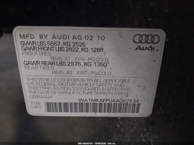 Aukcja sprzedaży 2010 Audi Q5 Premium Plus, vin: WA1MKAFP0AA082534, numer aukcji: 46300794