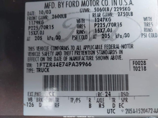 Aukcja sprzedaży 2004 Ford Ranger Super Cab, vin: 1FTZR44E74PA39966, numer aukcji: 46300797