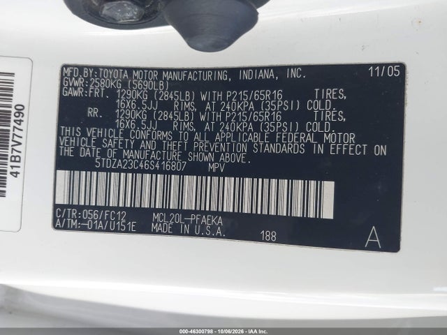 Продаж на аукціоні авто 2006 Toyota Sienna Le, vin: 5TDZA23C46S416807, номер лоту: 46300798