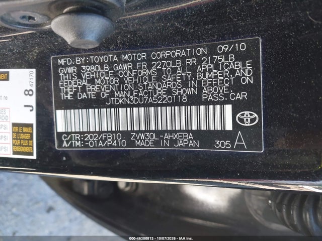 46300813 :رقم المزاد ، JTDKN3DU7A5220118 vin ، 2010 Toyota Prius Iii مزاد بيع