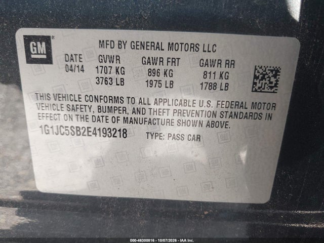 46300816 :رقم المزاد ، 1G1JC5SB2E4193218 vin ، 2014 Chevrolet Sonic Lt Auto مزاد بيع