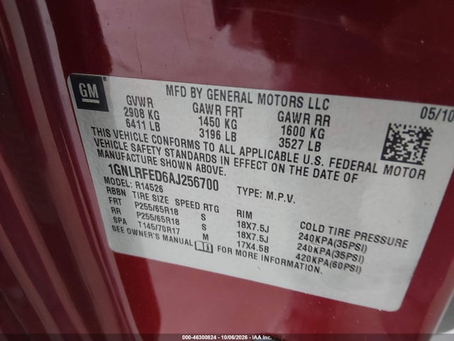 46300824 :رقم المزاد ، 1GNLRFED6AJ256700 vin ، 2010 Chevrolet Traverse Lt مزاد بيع