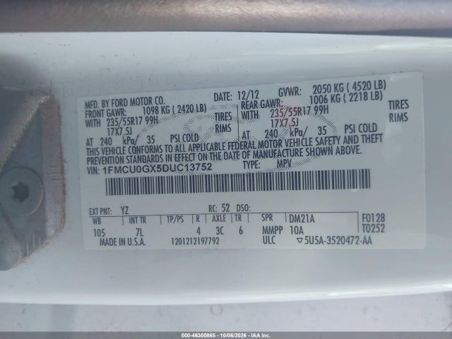 46300865 :رقم المزاد ، 1FMCU0GX5DUC13752 vin ، 2013 Ford Escape Se مزاد بيع