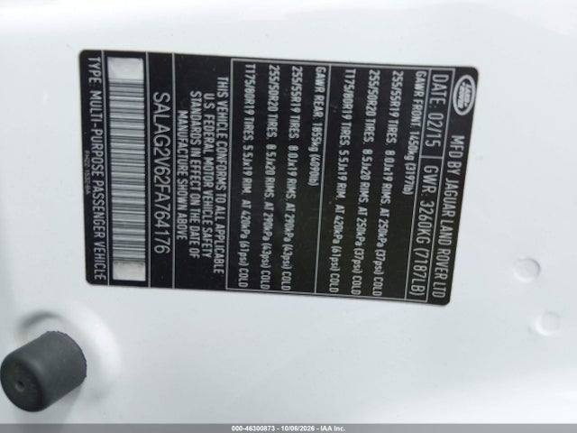 2015 Land Rover Lr4 მანქანა იყიდება აუქციონზე, vin: SALAG2V62FA764176, აუქციონის ნომერი: 46300873