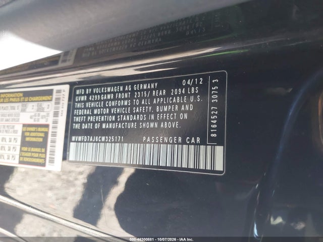 46300881 :رقم المزاد ، WVWFD7AJ6CW325171 vin ، 2012 Volkswagen Gti 2-door Autobahn مزاد بيع