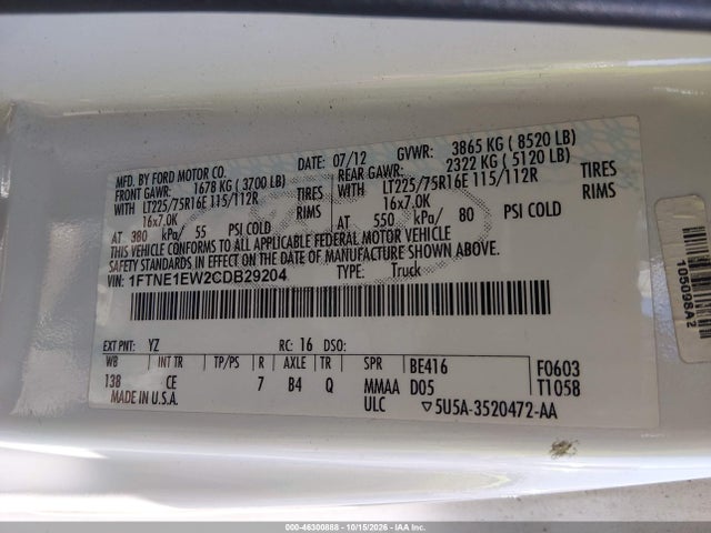 2012 Ford E-150 Commercial მანქანა იყიდება აუქციონზე, vin: 1FTNE1EW2CDB29204, აუქციონის ნომერი: 46300888