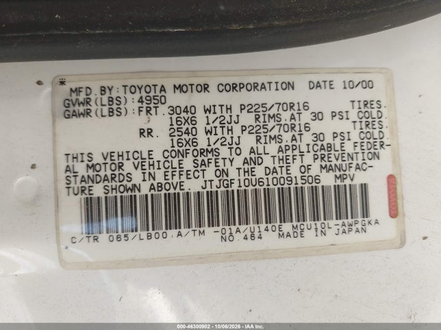Продаж на аукціоні авто 2001 Lexus Rx 300, vin: JTJGF10U610091506, номер лоту: 46300902