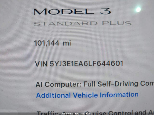 46300911 :رقم المزاد ، 5YJ3E1EA6LF644601 vin ، 2020 Tesla Model 3 Standard Range Plus Rear-wheel Drive/standard Range Rear-wheel Drive مزاد بيع