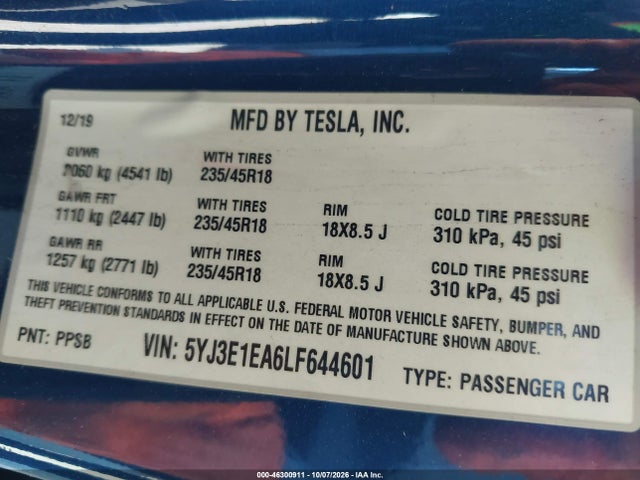 46300911 :رقم المزاد ، 5YJ3E1EA6LF644601 vin ، 2020 Tesla Model 3 Standard Range Plus Rear-wheel Drive/standard Range Rear-wheel Drive مزاد بيع