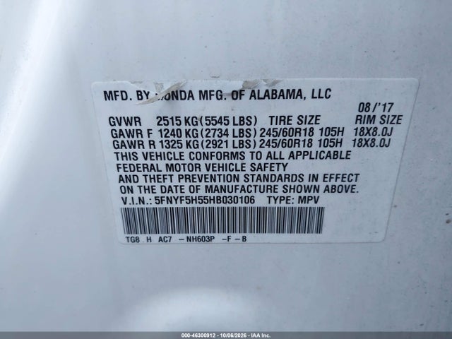 Aukcja sprzedaży 2017 Honda Pilot Ex-l, vin: 5FNYF5H55HB030106, numer aukcji: 46300912