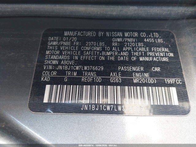 46300914 :رقم المزاد ، JN1BJ1CW7LW376629 vin ، 2020 Nissan Rogue Sport Sl Awd Xtronic Cvt مزاد بيع