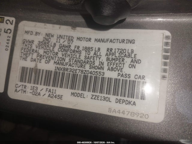 Продажа на аукционе авто 2008 Toyota Corolla Ce, vin: 1NXBR32E78Z040553, номер лота: 46300926