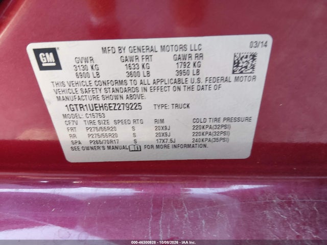 2014 Gmc Sierra 1500 Sle მანქანა იყიდება აუქციონზე, vin: 1GTR1UEH6EZ279225, აუქციონის ნომერი: 46300928