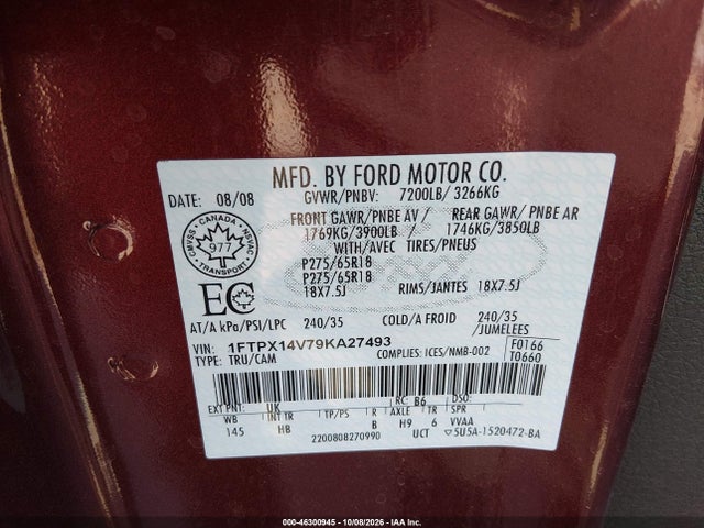 Продажа на аукционе авто 2009 Ford F-150 Fx4/lariat/xl/xlt, vin: 1FTPX14V79KA27493, номер лота: 46300945