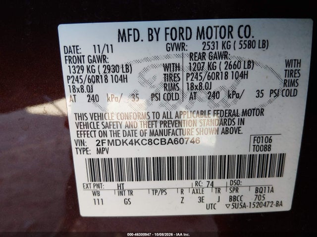 46300947 :رقم المزاد ، 2FMDK4KC8CBA60746 vin ، 2012 Ford Edge Limited مزاد بيع