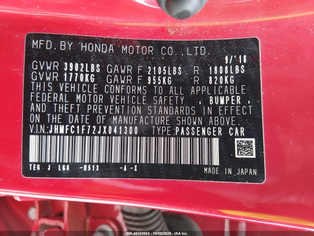 Honda Civic Ex-l 2018 JHMFC1F72JX041300 Image 9