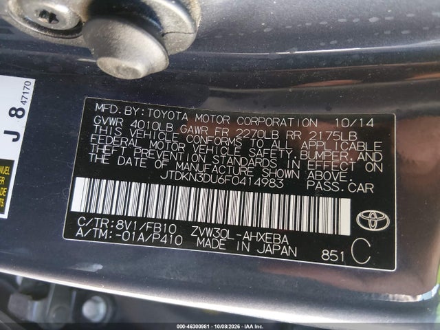 46300981 :رقم المزاد ، JTDKN3DU6F0414983 vin ، 2015 Toyota Prius Three مزاد بيع