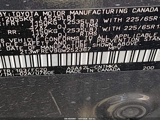 Aukcja sprzedaży 2016 Toyota Rav4 Xle, vin: 2T3WFREV9GW252367, numer aukcji: 46300987