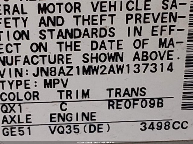 Aukcja sprzedaży 2010 Nissan Murano Le, vin: JN8AZ1MW2AW137314, numer aukcji: 46301004
