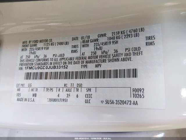 Продаж на аукціоні авто 2018 Ford Escape Se, vin: 1FMCU9GD0JUB33152, номер лоту: 46301014