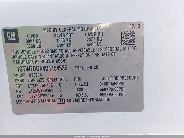 46301021 :رقم المزاد ، 1GTW7GCA4D1154536 vin ، 2013 Gmc Savana 2500 Work Van مزاد بيع