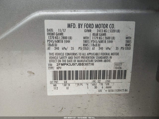 Продажа на аукционе авто 2018 Ford Edge Sel, vin: 2FMPK3J97JBB30716, номер лота: 46301127
