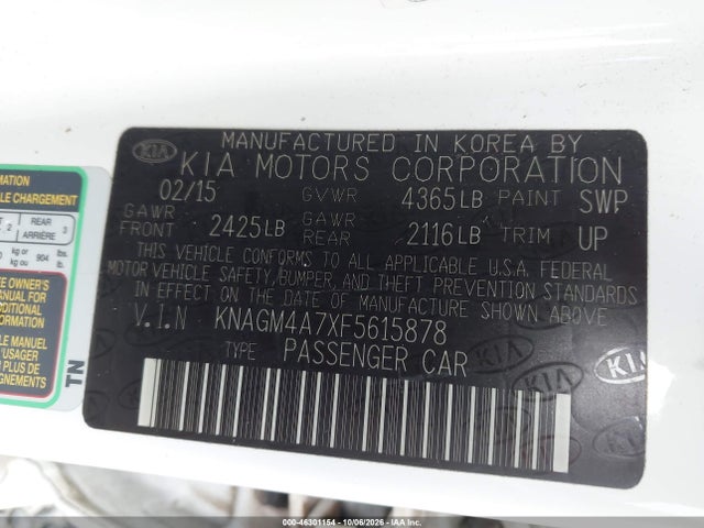 2015 Kia Optima Lx მანქანა იყიდება აუქციონზე, vin: KNAGM4A7XF5615878, აუქციონის ნომერი: 46301154