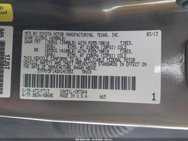 Aukcja sprzedaży 2013 Toyota Tundra Grade 5.7l V8, vin: 5TFRY5F14DX141583, numer aukcji: 46301166