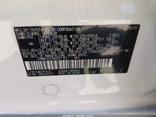 Aukcja sprzedaży 2008 Toyota Rav4 Sport V6, vin: JTMBK32V386031751, numer aukcji: 46301171
