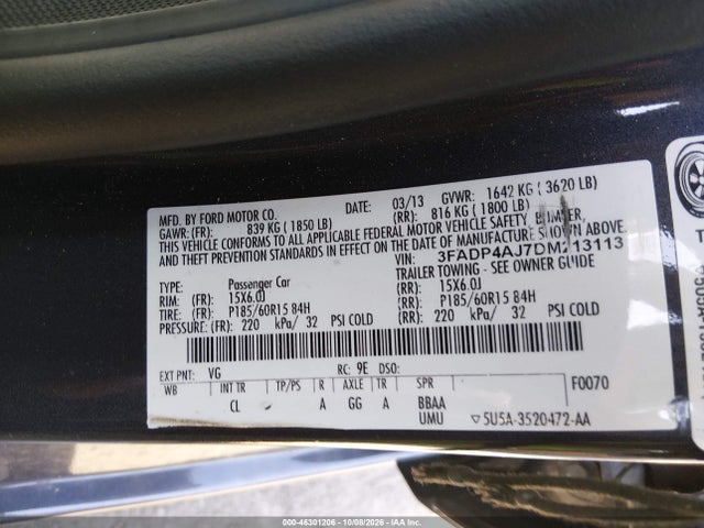 46301206 :رقم المزاد ، 3FADP4AJ7DM213113 vin ، 2013 Ford Fiesta S مزاد بيع