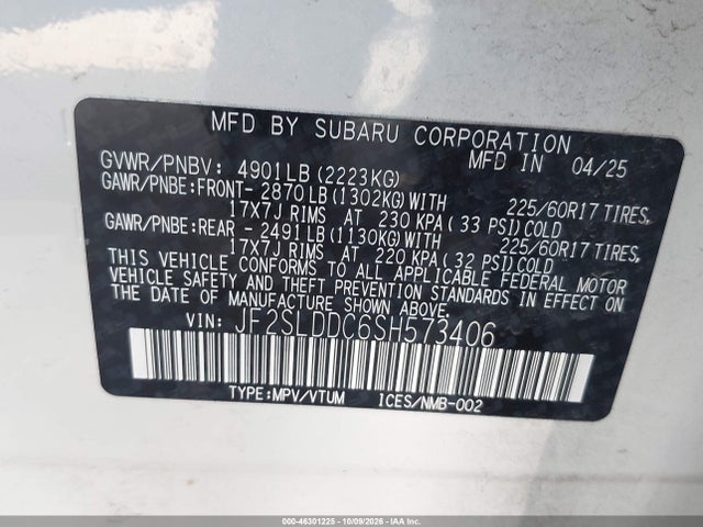 2025 Subaru Forester Premium მანქანა იყიდება აუქციონზე, vin: JF2SLDDC6SH573406, აუქციონის ნომერი: 46301225