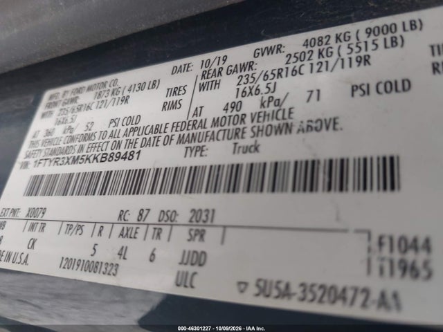 Aukcja sprzedaży 2019 Ford Transit-250, vin: 1FTYR3XM5KKB89481, numer aukcji: 46301227