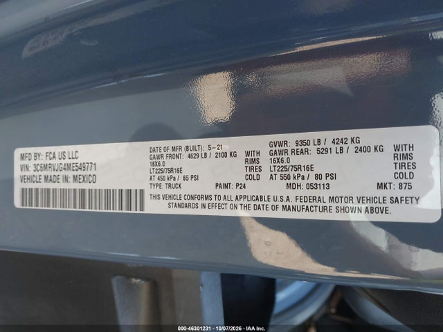 46301231 :رقم المزاد ، 3C6MRVJG4ME549771 vin ، 2021 Ram Promaster 3500 Cargo Van High Roof 159 Wb Ext مزاد بيع